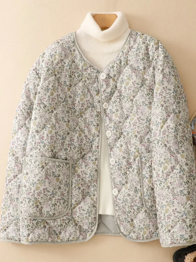 

Ретро-куртка с цветочным принтом из хлопка для женщин: теплая, приталенная, без воротника, с утолщенной хлопковой подкладкой для создания молодежного образа