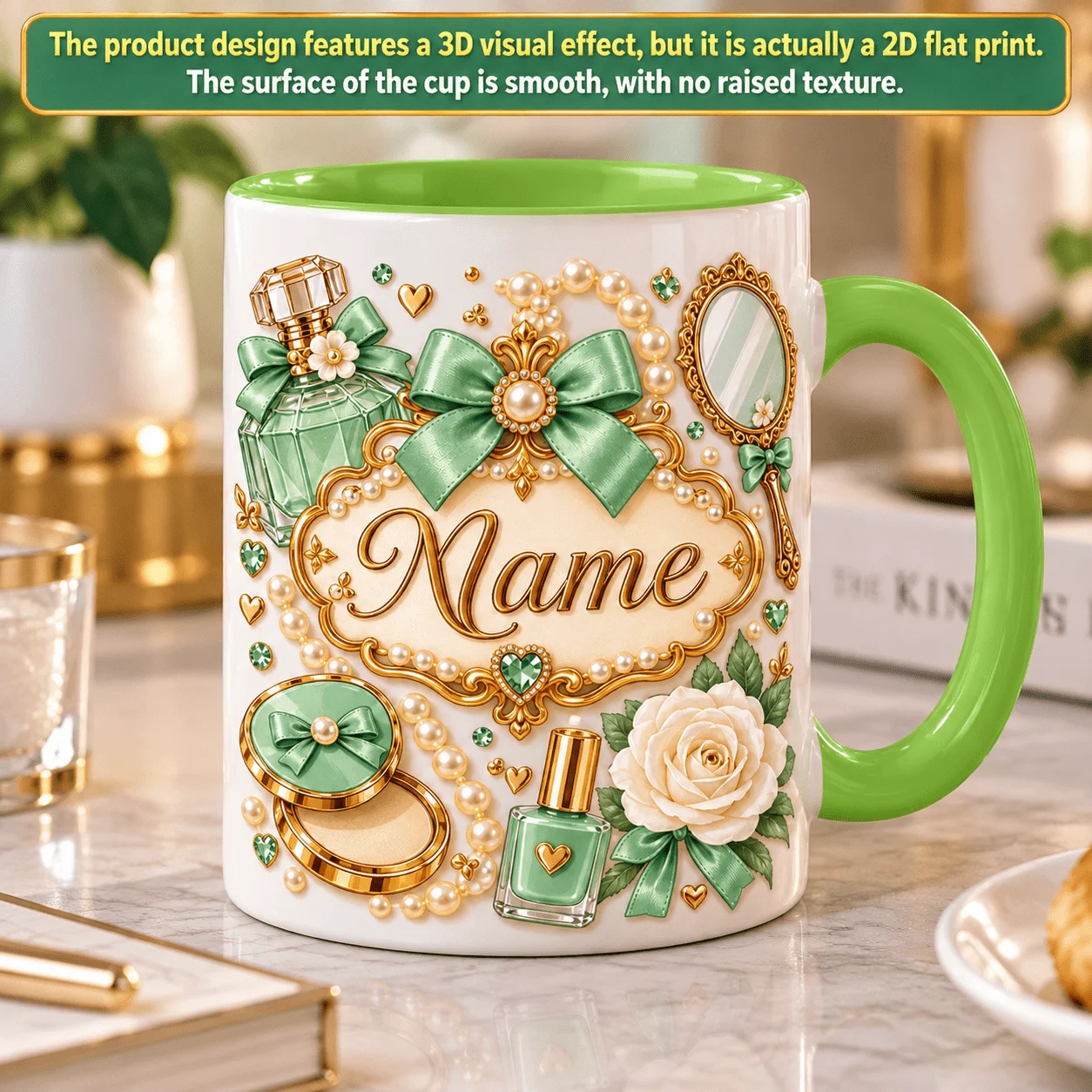 2D1pc 11oz Custom Personalized Green Luxury Makeup Mug, Birthday Gift for Girls & Bestie Home Coffee Cup, Hand Wash Only Microwa