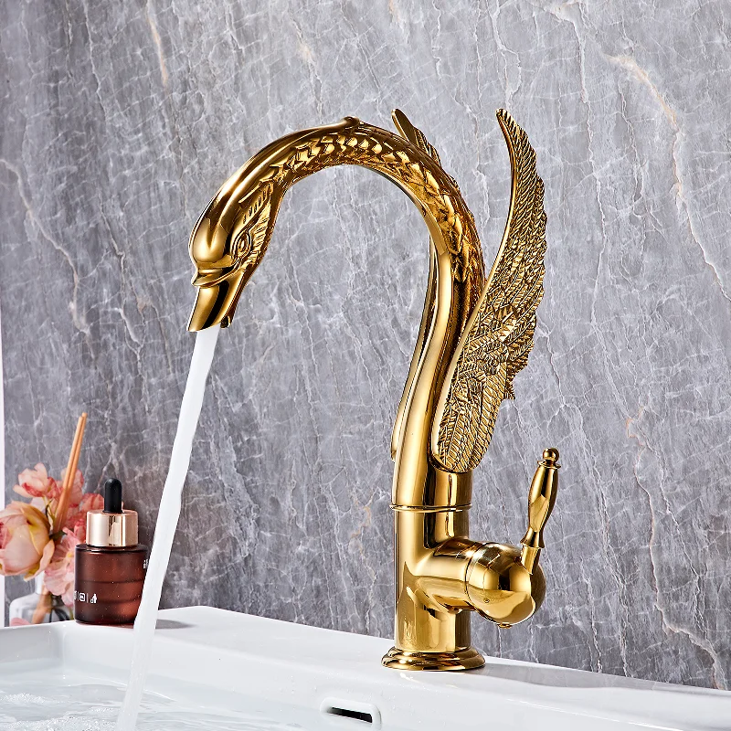 

Tuqiu Antique Swan Bathroom Faucet Gold Brass Basin Faucet Mixer Tap Chrome Wash basin Faucet Hot and Cold Waterfall Faucet