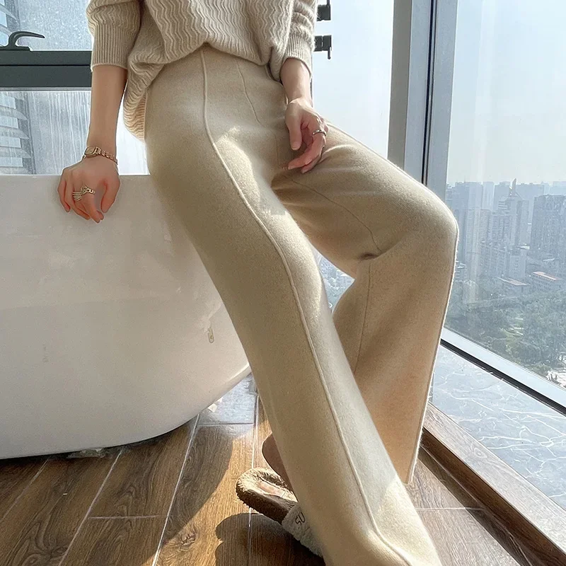 New 100% Cashmere Knitted Women\'s Wide Leg Pants Loose and Comfortable Autumn and Winter Women\'s Long Cashmere Wide Leg Pants