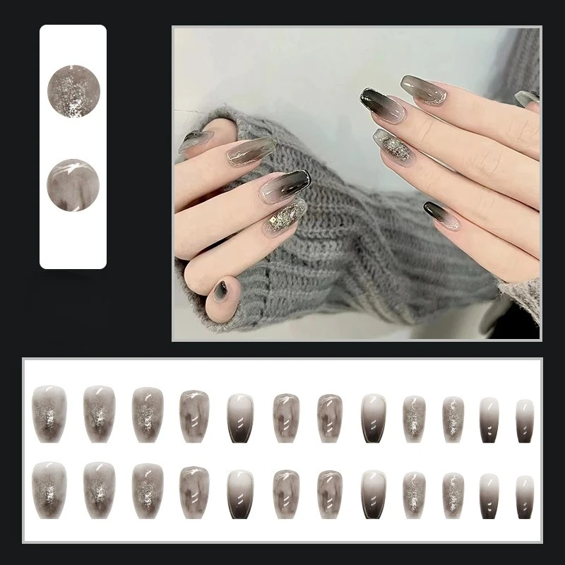 24 Pieces Dark Style Mysterious Halo Gradient French White Artificial Nails Autumn Winter Wearable Armor Design