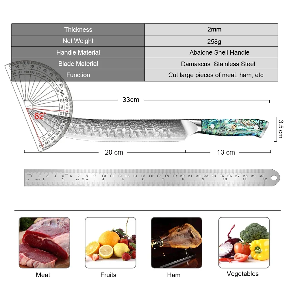 Chef Ham Knife 10 Inch Butcher Knife Sashimi Knives Damascus Steel Cimitar Knife Vacuum Treated Kitchen Knives Full Tang Handle