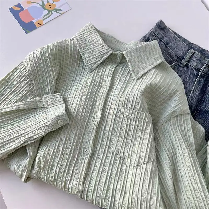 Pure Color Texture Stripe Long Sleeve Shirt Women's Spring Autumn Style Korean Loose Fit with Pocket High End Fairy Tale Shirt
