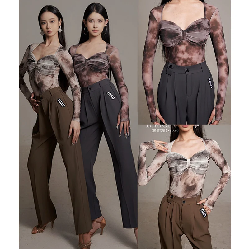 Latin Ballroom Dance Clothes Women Tie Dye Long Sleeves Tops Professional Latin Dance Pants Latin Practice Dance Wear DNV22123