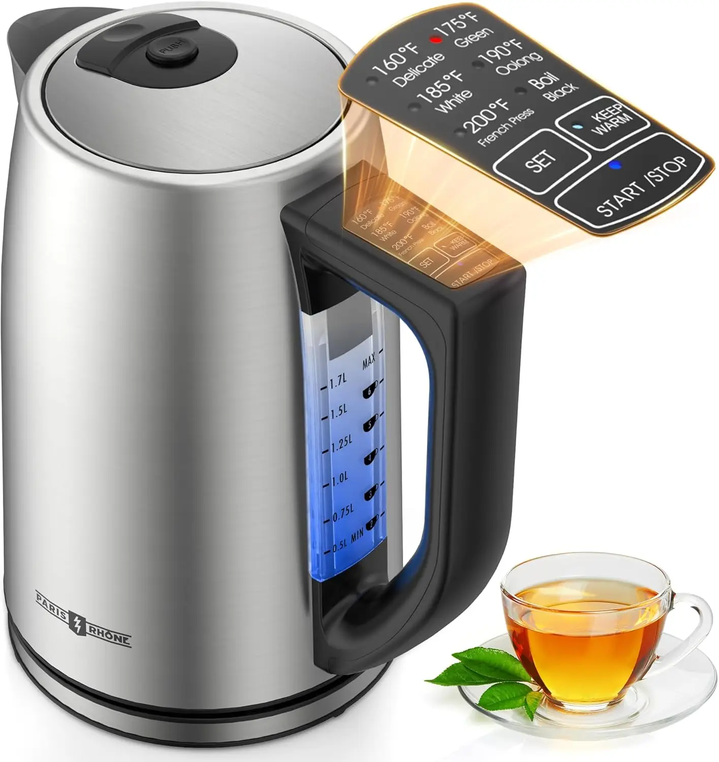

Electric Kettle with Temperature Control, 1.7L Cordless, 6 Settings, Auto-Shutoff & Boil-Dry Protection