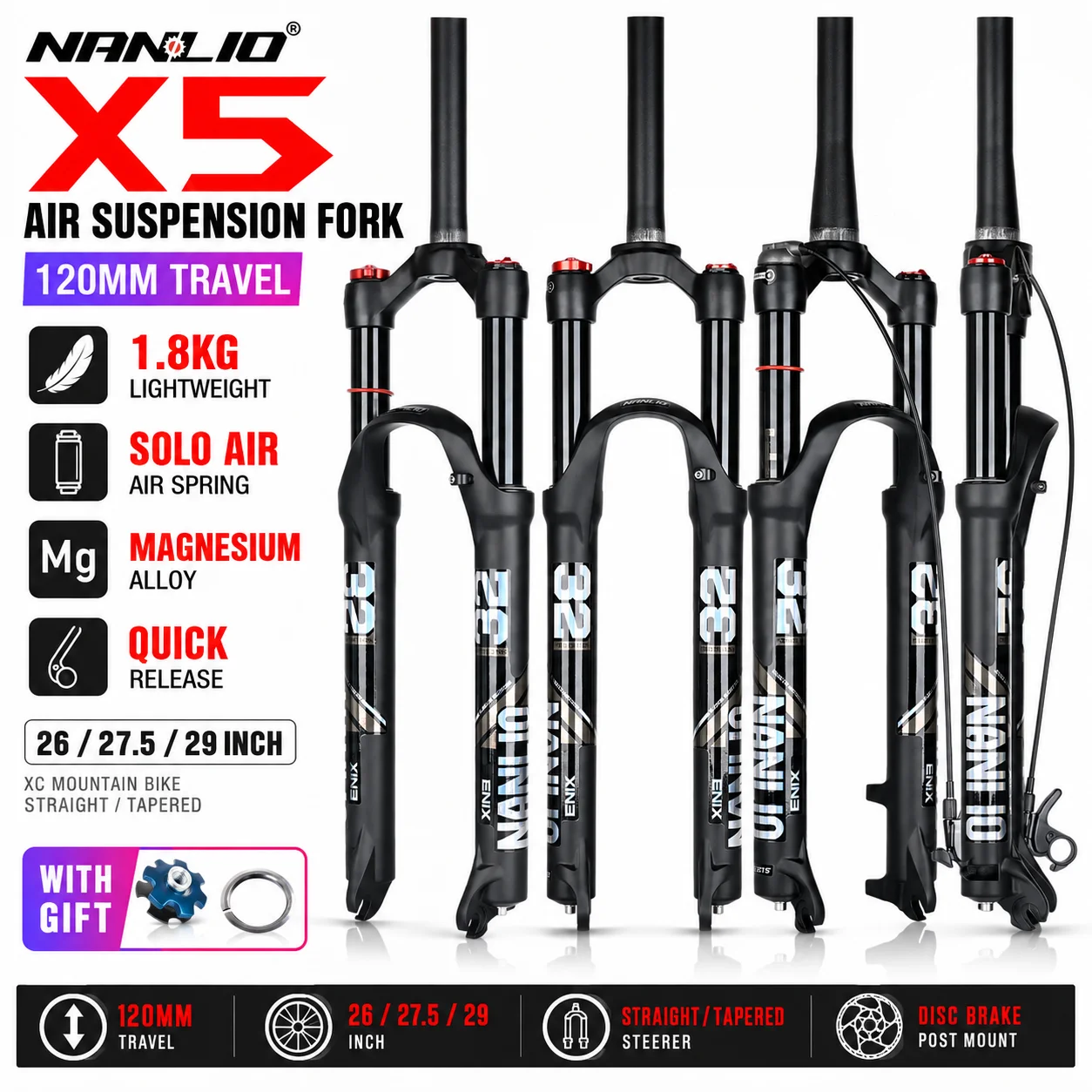 

Nanlio X5 Air Suspension Fork 120mm Travel 1.8kg MTB XC Bike Fork 26/27.5/29 Inch Straight Tapered With Gift