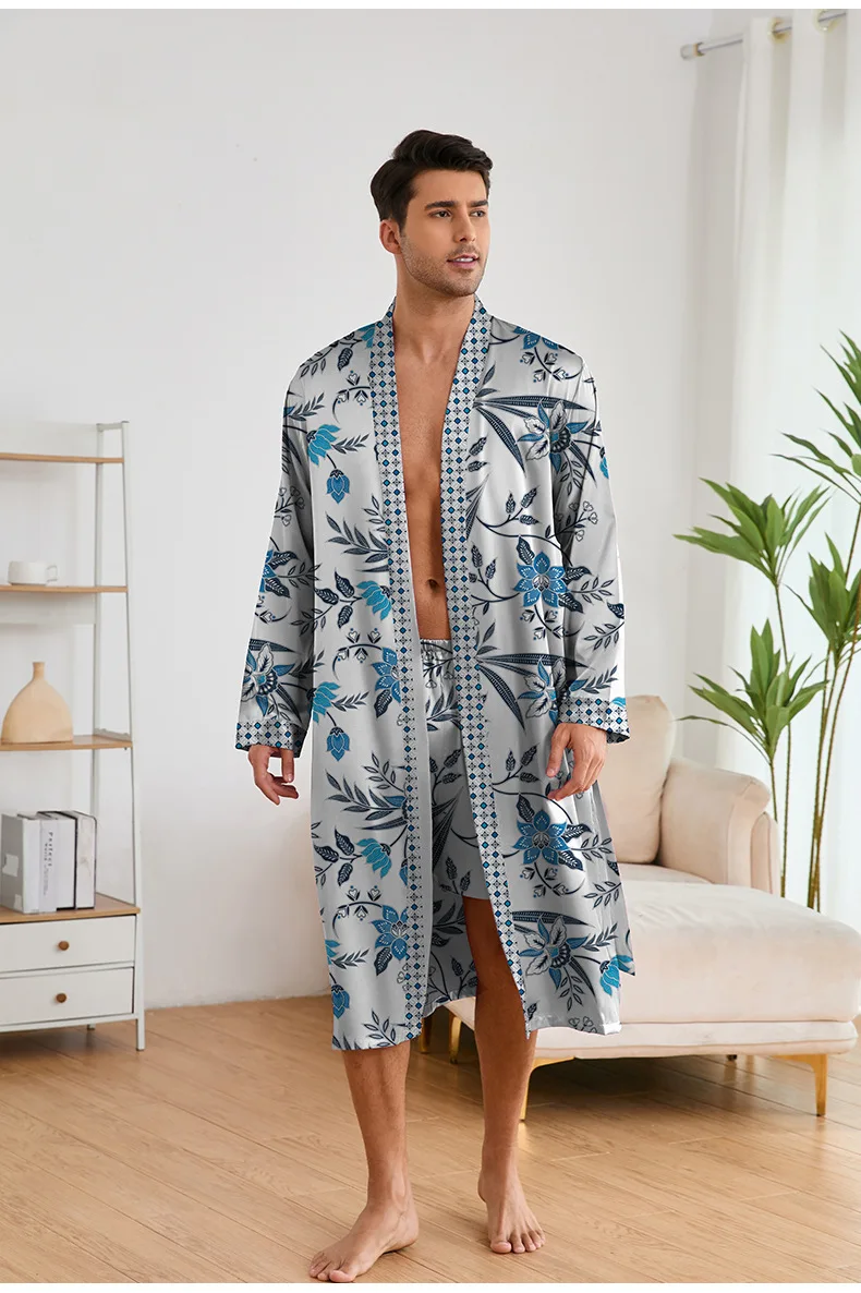 Primavera verão masculino pijama 2 pçs robe shorts conjunto impressão cetim quimono roupão de banho solto casa roupas loungewear