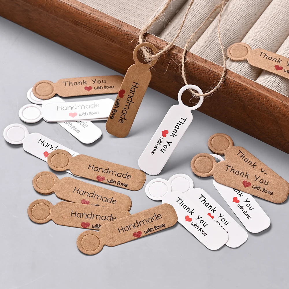 100 Stück Backetikettenkarten „Handgemacht mit Liebe“ „Danke“ – Kraftpapier, weiß – Ideal für Backwaren und Geschenkverpackungen mit Perlen – Detail 5