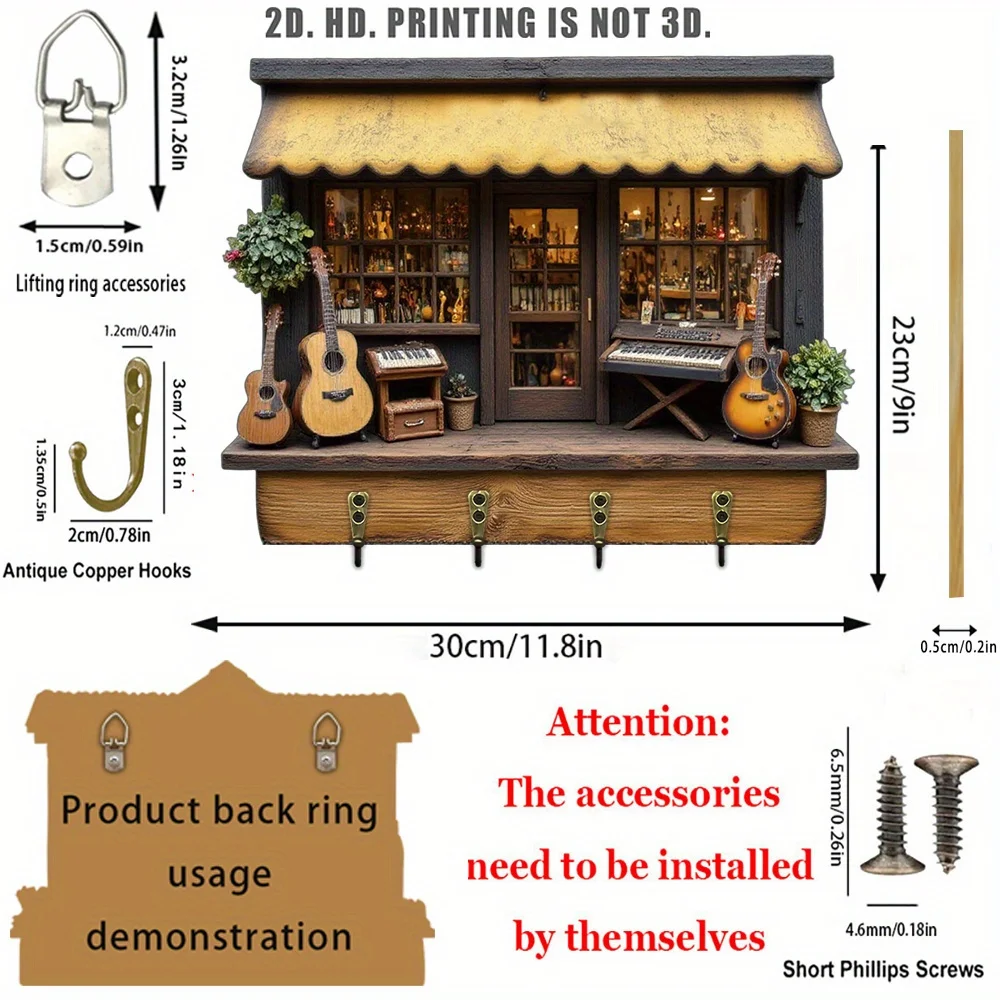 2D Flat Retro Wooden Key Hanger. Multifunctional Wooden Home Key Hanger with Four Metal Hooks, Suitable for Wall
