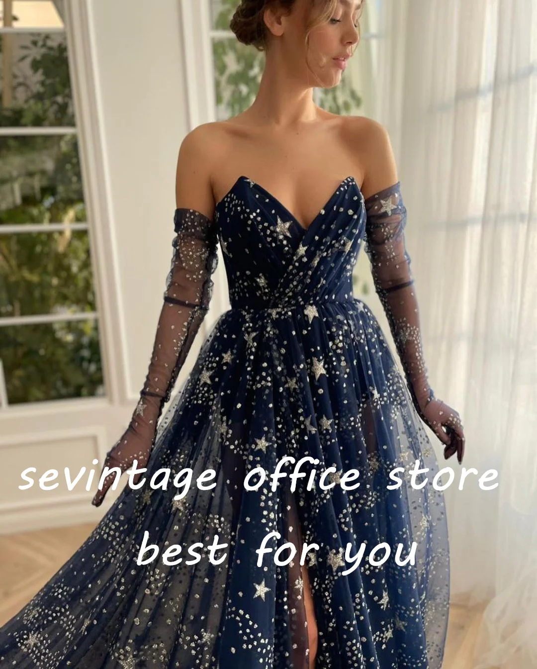 Sevintage-vestidos de tul azul marino con purpurina para mujer, vestidos de graduación con cuello en V, abertura lateral, vestidos de fiesta de noche formales, línea A, Arabia Saudita