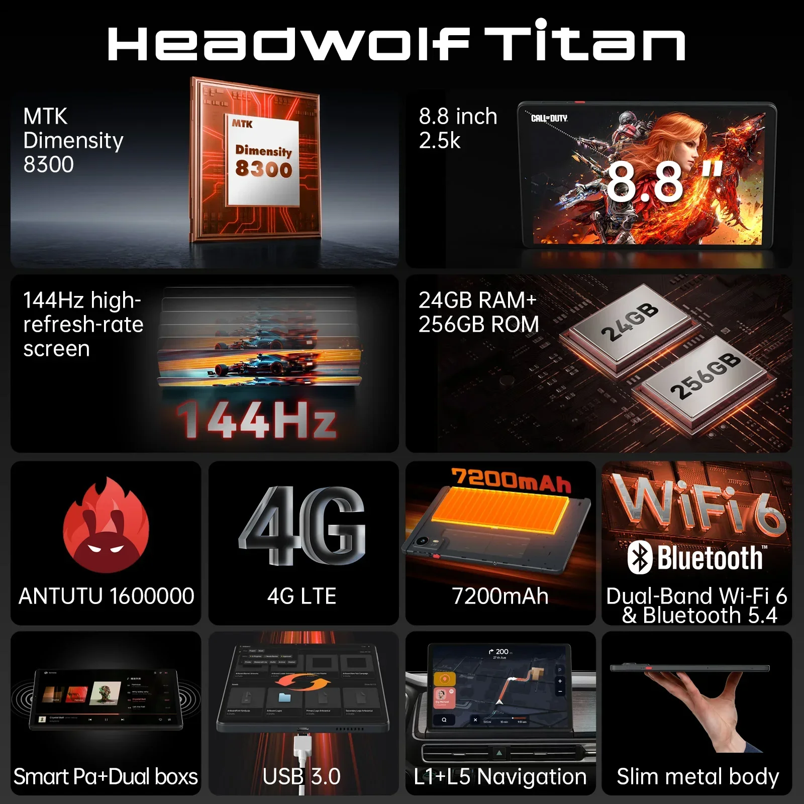 تابلت للألعاب هيدولف تيتان 1 MTK 8300 144 هرتز ​ ، 8.8 بوصة 2.5K بحد أقصى 24 جيجابايت + 256 جيجابايت ROM، 7200 مللي أمبير PD 20 وات، SIM 4G LTE WiFi 6 & BT 5.4
