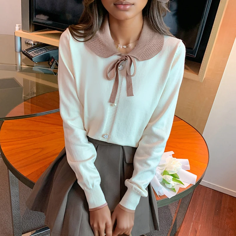 

Elegant Doll Collar Women Loose Sweater New Fashion Long Sleeve Buttons Pullover Knitted Sweaters Jumper Lady Loose Casual Top