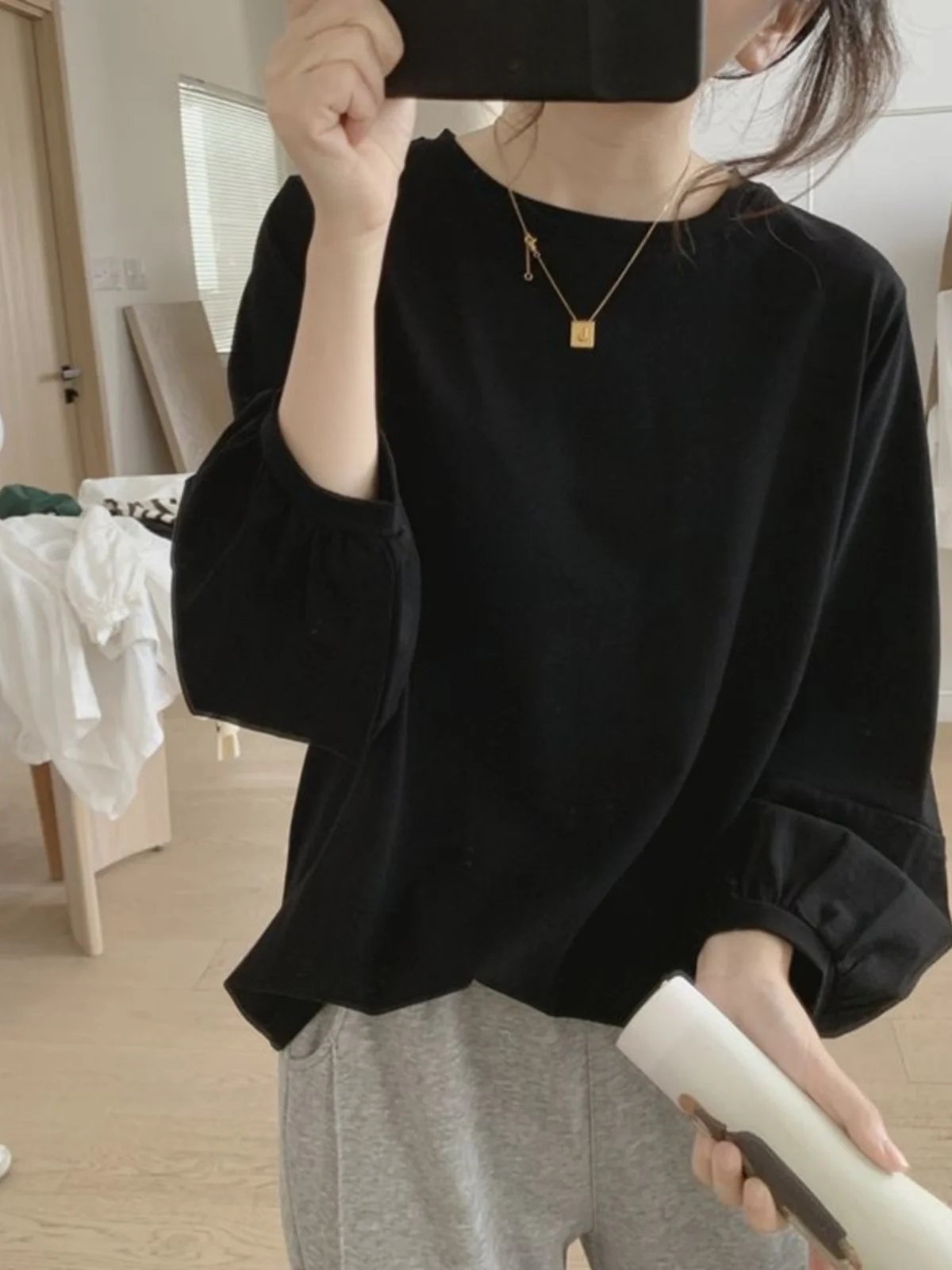 plus Size Women's T-Shirt Lantern Sleeve Loose Fit Nine Sleeve Tops Casual Spring Autumn Wear Hide Flaws Versatile round Neck