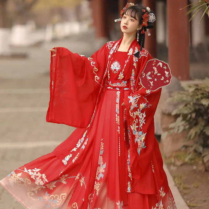 

Chinese Style Woman Red Floral Embroidery Hanfu Costume Ancient Dress Oriental Princess Ming Dynasty Dance Wear