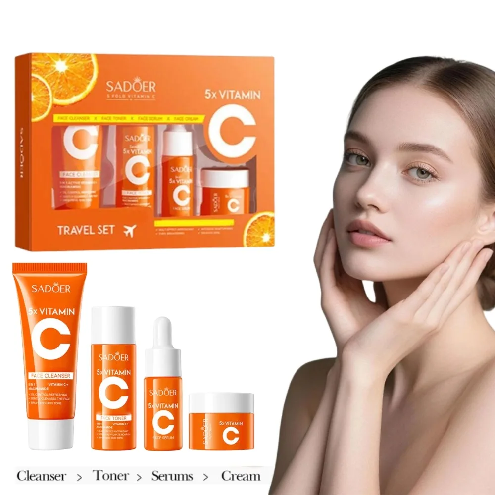SADOER 4PCS Face Cream Moisturizing Firming Essence Serum Vitamin C Gentle SkinCare Nourishing Brightening Anti-aging Rejuvenate