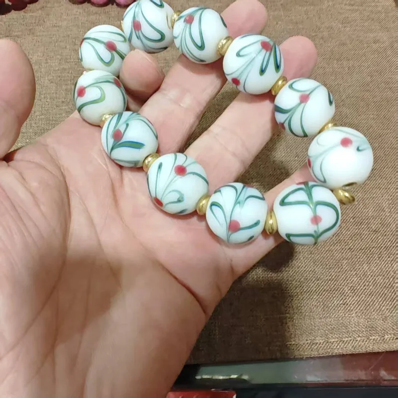 White Base Hand‑Painted Floral Lampwork Glass Bead Bracelet Gold Spacers Unisex Retro Bohemian Elastic Wrist Jewelry
