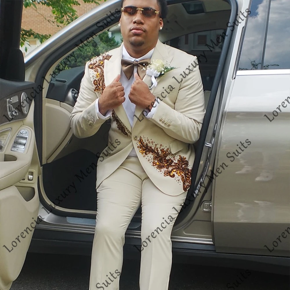 

Elegant Appliqeu Men Suit 2 Pieces Flat Collar Tuxedos Handsome Wedding Groom Outfit Customized Blazer Pants robe costumes homm