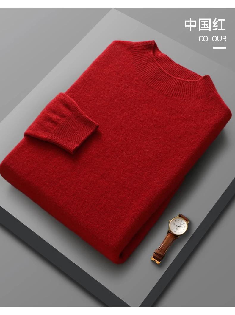 100% Merino Wool Sweater Men's Half high collar Knitted Hoodie Spring Autumn New Cashmere Sweater Versatile Menswear