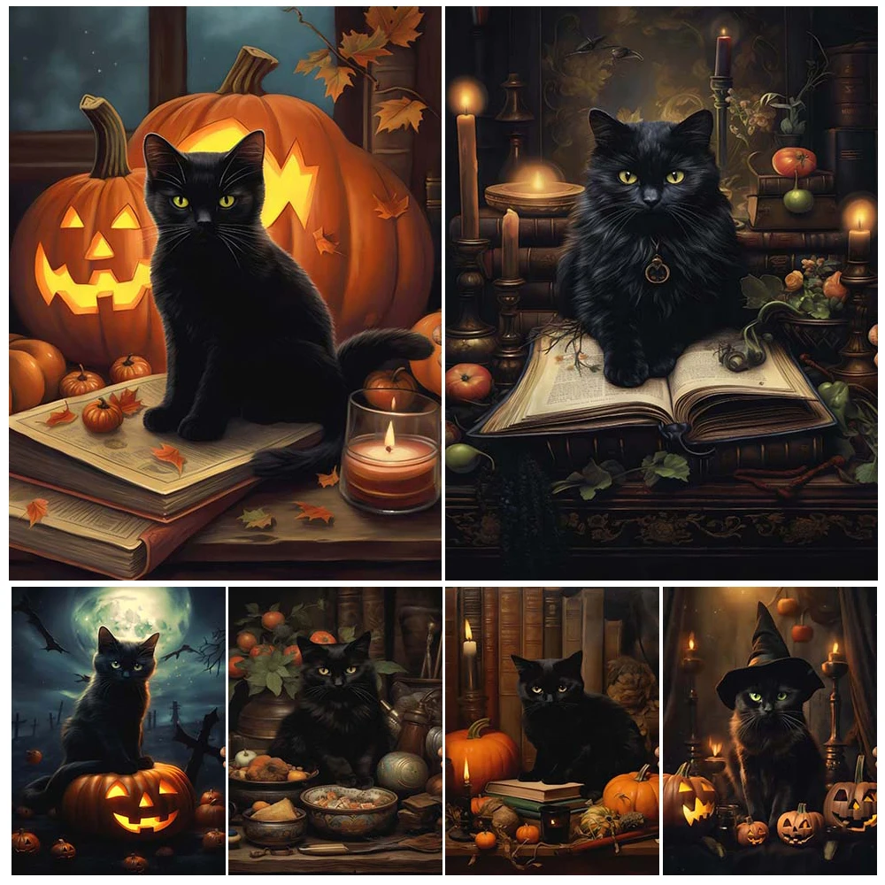 Schwarze Katze mit Kürbis, Vintage-Wandkunst, Poster, gotisches viktorianisches Halloween-Kunstposter und Druck, Hexe, Heimdekoration, ungerahmt
