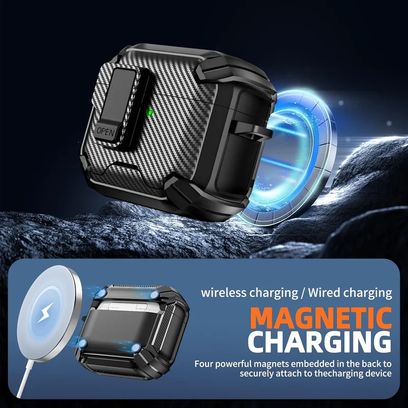 For New AirPods 5 Switch Case Carbon Fiber Texture【Automatic Lock】Compatible with Magsafe Hard Case For AirPods Pro 3/4/5 Cover