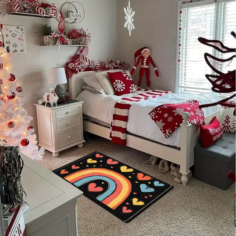 ممسحة سميكة من الفلانيل لعيد الحب - تصميم قوس قزح وقلوب، حصيرة منطقة ماصة غير قابلة للانزلاق للمدخل والمطبخ، #2