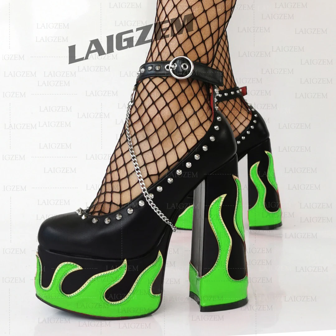 LAIGZEM Women Platform Pumps Studded 15CM Thick High Heels Patchwork Chains Handmade Ladies Shoes Woman Plus Size 39 42 45 52