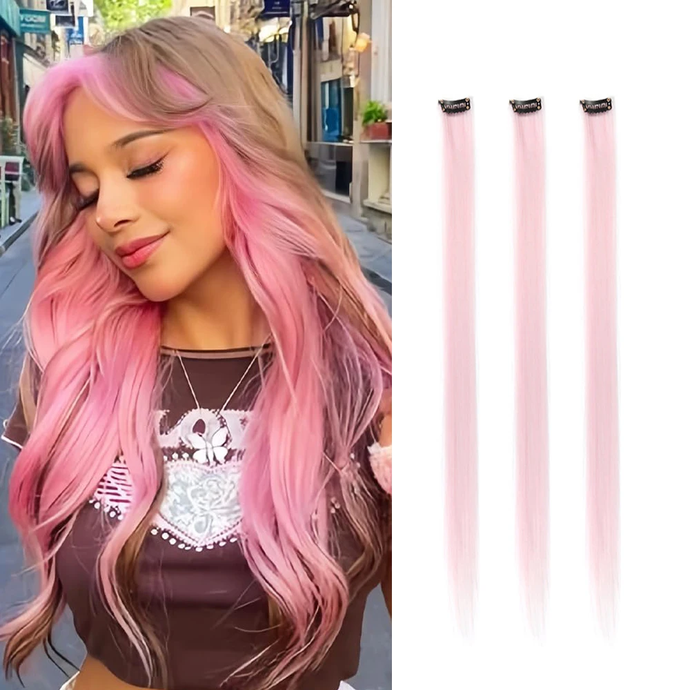 22 inches Colored Party Highlights Clip in Hair Extensions for Girls Multi-colors Straight Hair Synthetic Hairpieces