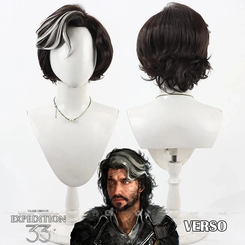 Men Women CO:E33 Festival Role Play Clair Obscur:Expedition 33 Verso Cosplay Wig Black White Short Curly Hair Synthetic Wigs view 3