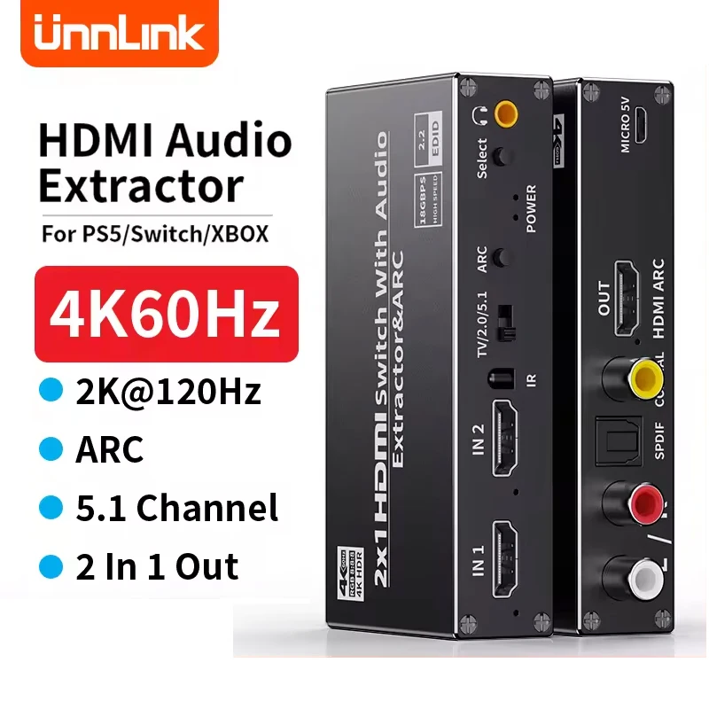 

Unnlink 4K HDMI Audio Extractor 4K 60Hz HDMI Switch ARC Splitter SPDIF Optical Coaxial 3.5mm 2RCA HiFi 7.1 5.1 For PS4/5 TV Box