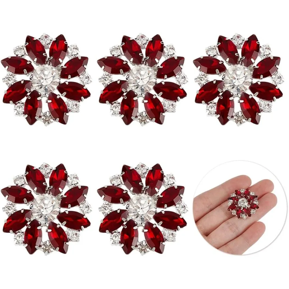 

6PCS Flower Brass Rhinestone Shank Buttons 26MM Red with 1-Hole and Flat Back Fashion Claw Rhinestone Snowflake