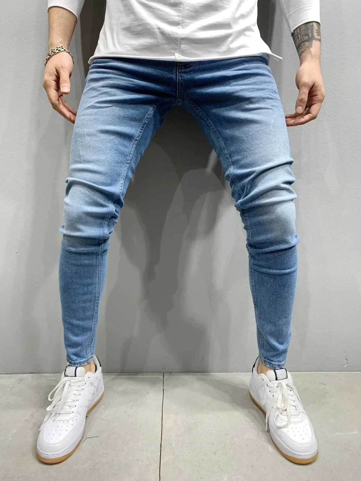 

High Quality Solid Stretch Skinny Jeans Fashion Slim Fit Elastic Denim Cargo Pants Casual Pantalones The High Street Tide Men's