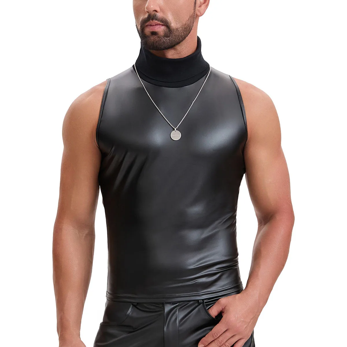メンズマットレザーベストタートルネック、スリムフィットパンクストリートトレンド服、ナイトクラブノースリーブtシャツとトップス
