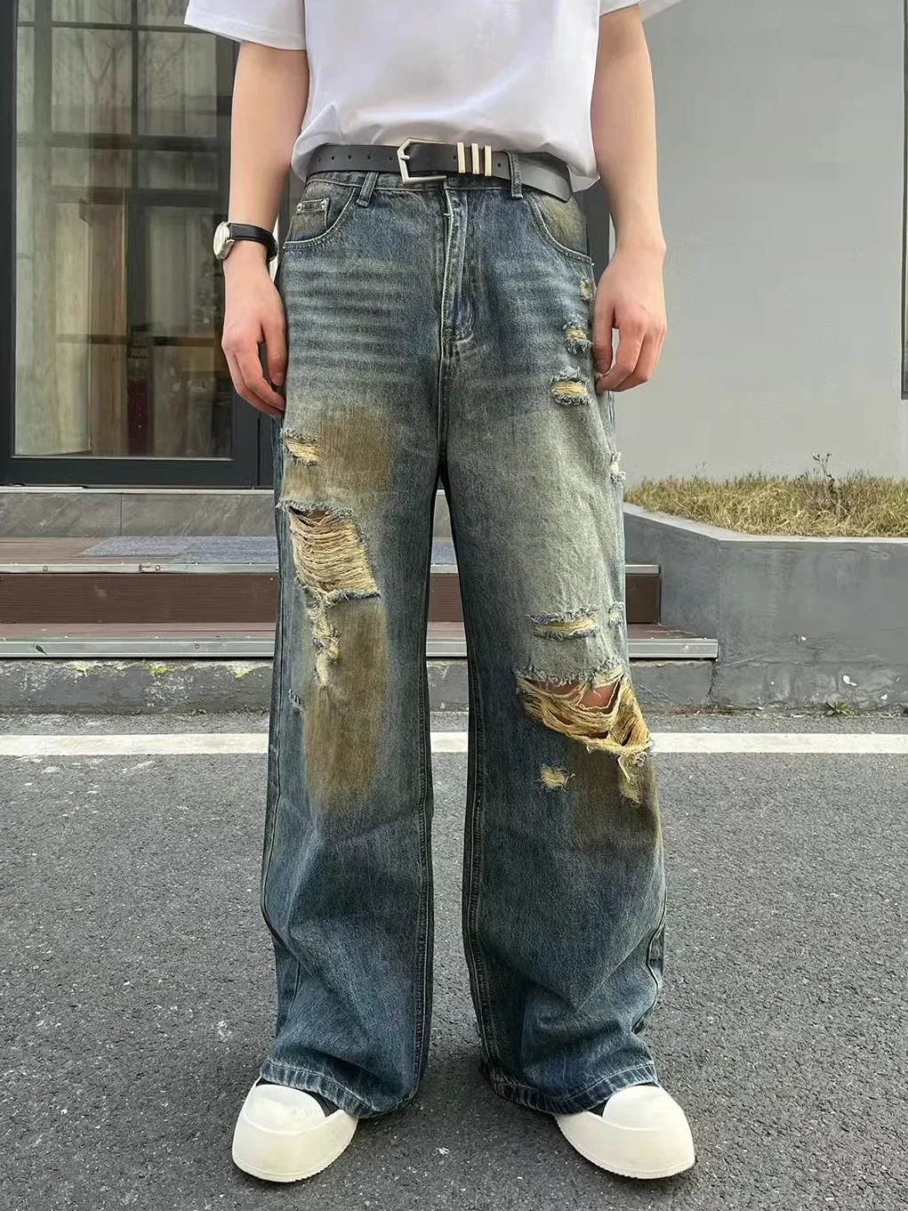

Мужские джинсы FUID в американском ретро-стиле с эффектом потертости, широкие прямые брюки в пол, повседневная одежда, летняя мода