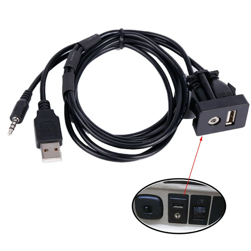 

3.5mm Copper AUX Extension Cable Lead Mounting Panel Car Boat Dash Flush Mount USB Port Universal Black Car Accessories Gadget