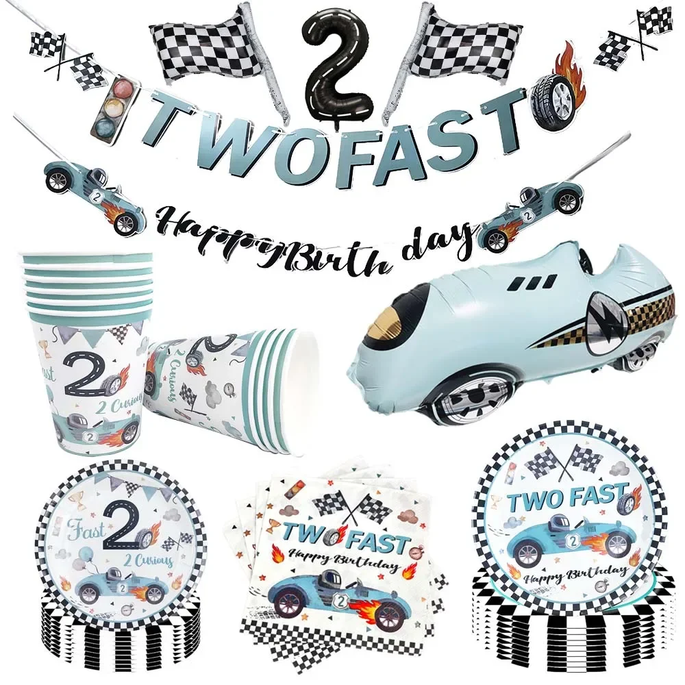 Race Car Theme Two Fast Boys 2th Birthday Party Decorations  Race Car Checkered Flags Racing Wheel Disposable Tableware Cowboy