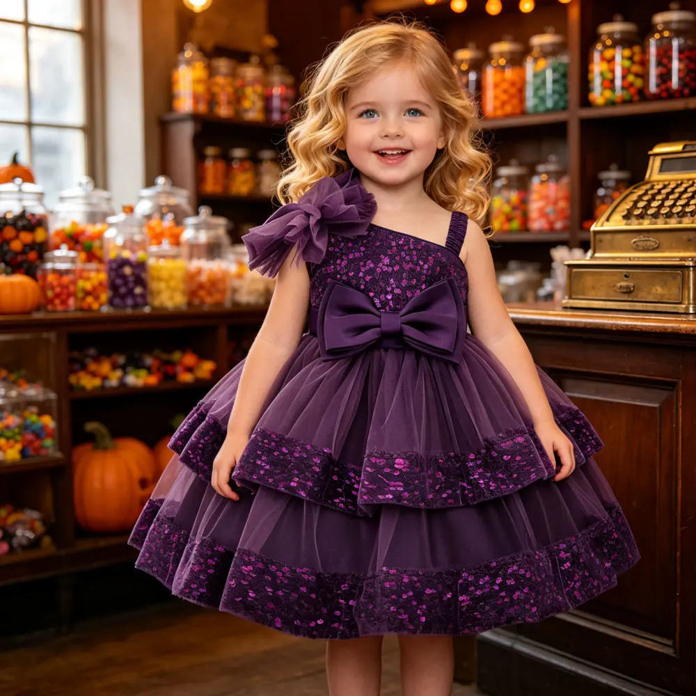 Fashion Toddler Girls Sequin Dress Kids One Shoulder Bow Formal Evening Dress Summer Flower Bridesmaid Dresses 1-3 Years