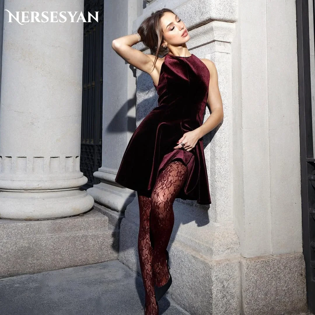 

Nersesyan бордовое бархатное платье для выпускного вечера мини-платье без рукавов с круглым вырезом женское вечернее платье без кружевных чулок abiti da festa по индивидуальному заказу