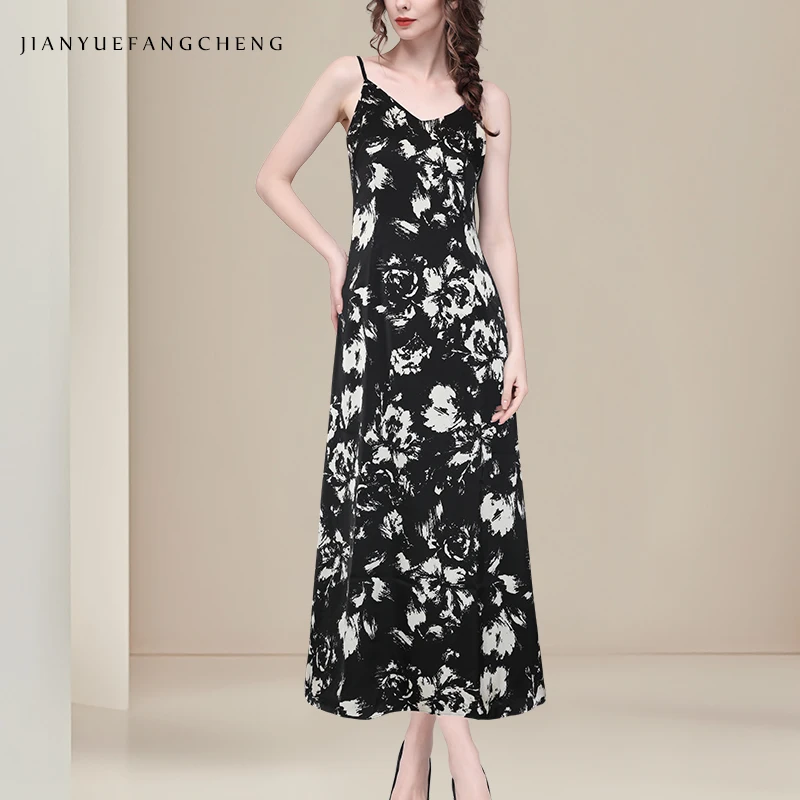 ผู้หญิงฤดูร้อนดอกไม้สีดําพิมพ์ Camisole ชุดเอวสูง A-Line Elegant Bodycon Casual Vintage ชุดอย่างเป็นทางการ
