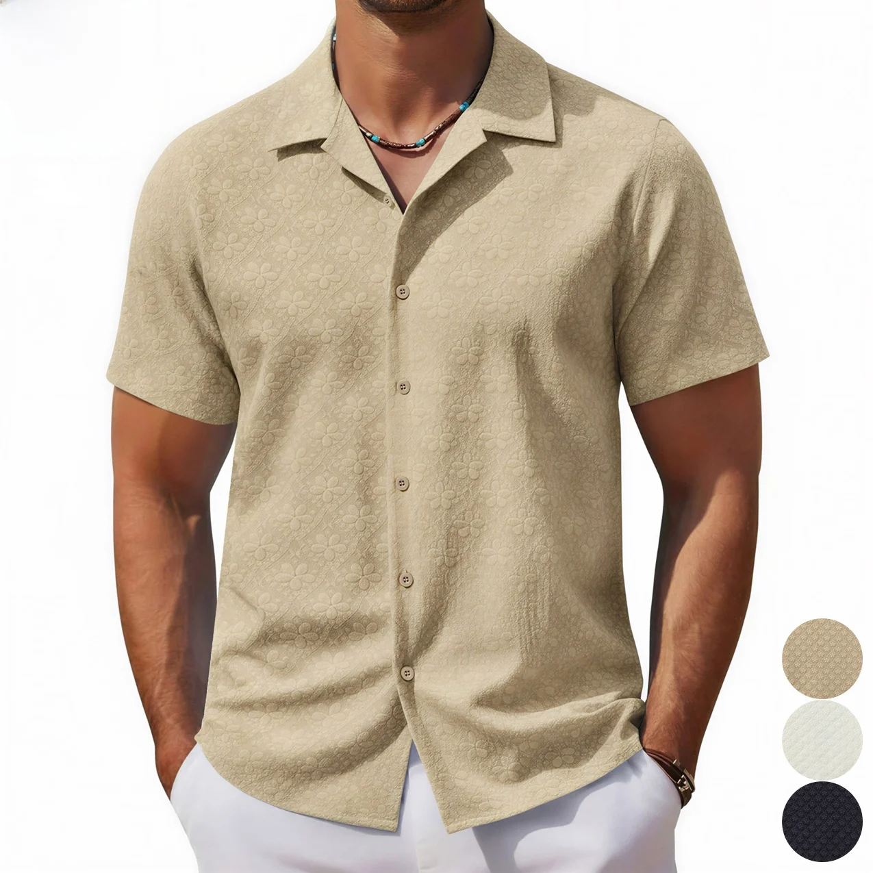 

Мужская повседневная рубашка с цветочным принтом, кубинским воротником, коротким рукавом, из полиэстера, в уличном стиле, летняя мода, однотонная.