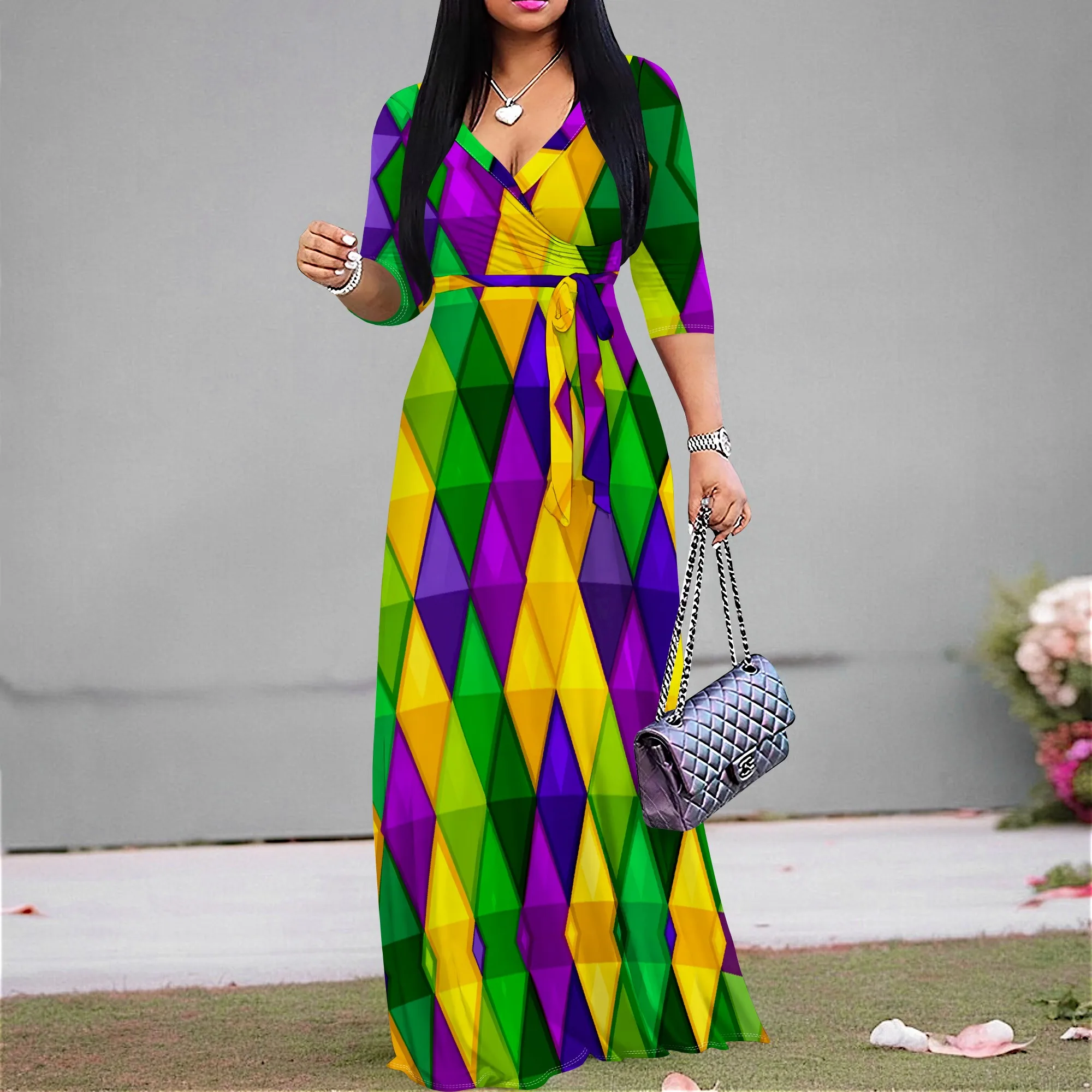

Mardi Gras Carnival V-Neck Maxi Dress for Women Geometric Print A-Line Long Dress with Belt XS-3XL