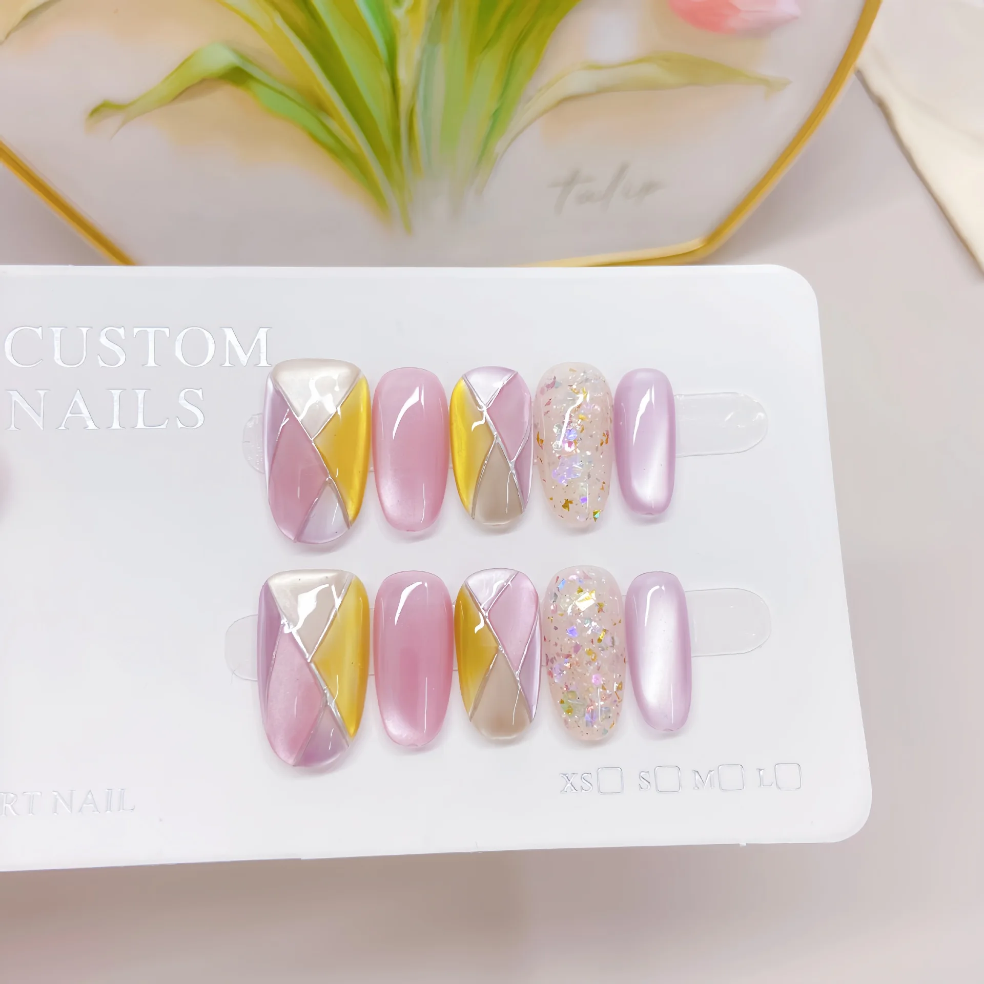 

10pcs Handmade Purple Grid Cat Eye Line Jump Color Glitter Cat Eye Wearable Nails Daily Gradient Light Luxury Removable Nails