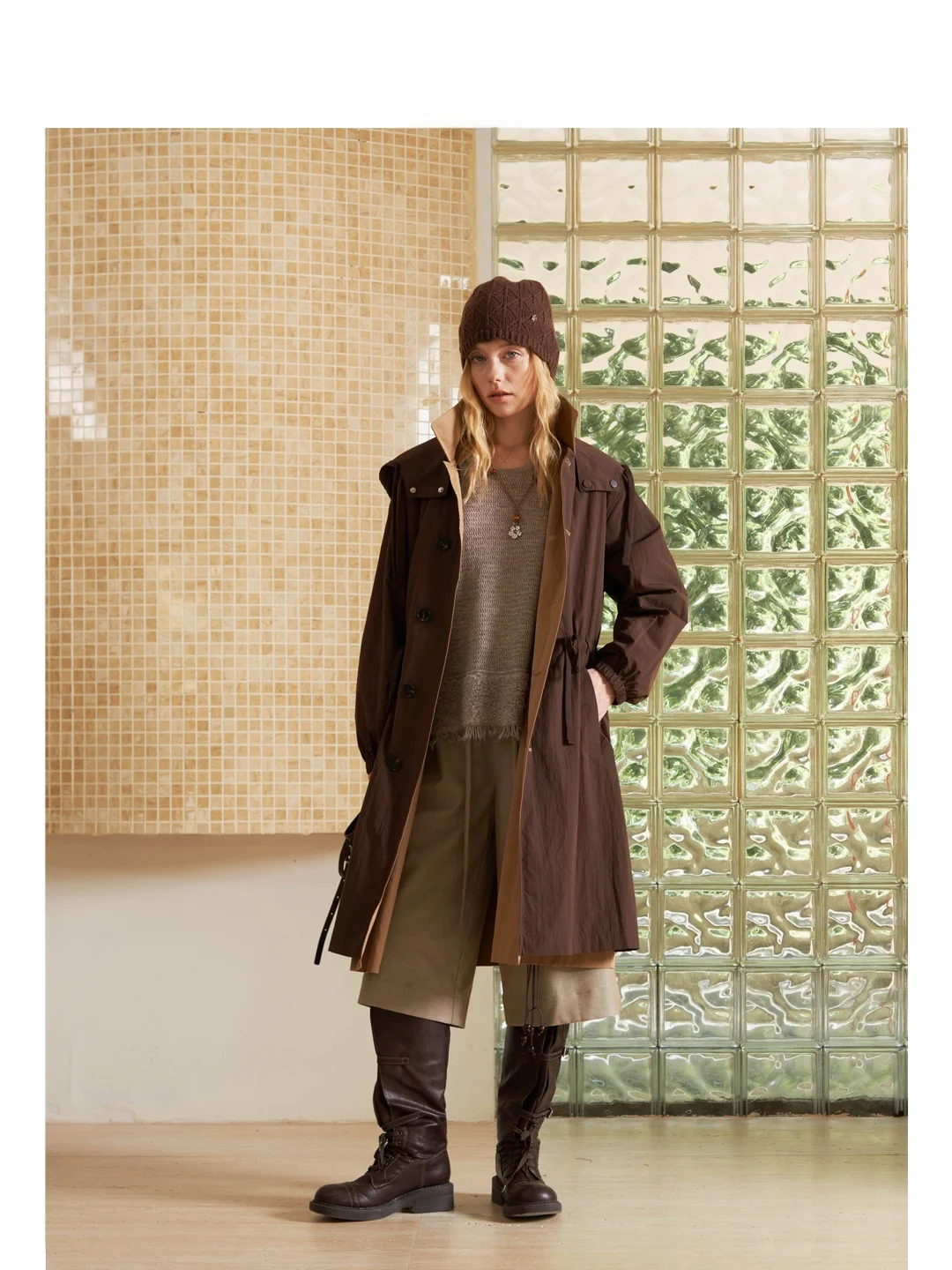 

Демисезонное двустороннее пальто-ветровка из смесового хлопка с цветными блоками, А-силуэт, длинный рукав, миди