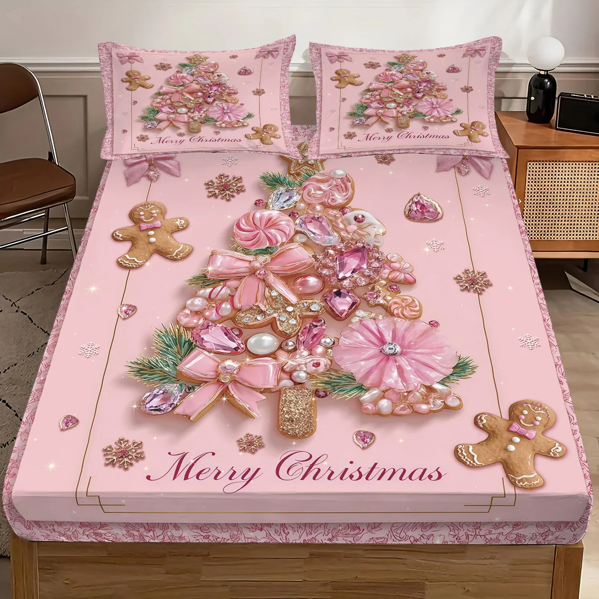 3pcs pink Christmas Tree Gingerbread man Print Coreless Bed Sheet Set Multi Size Bedcover Bedroom Bedding Holiday Decorations