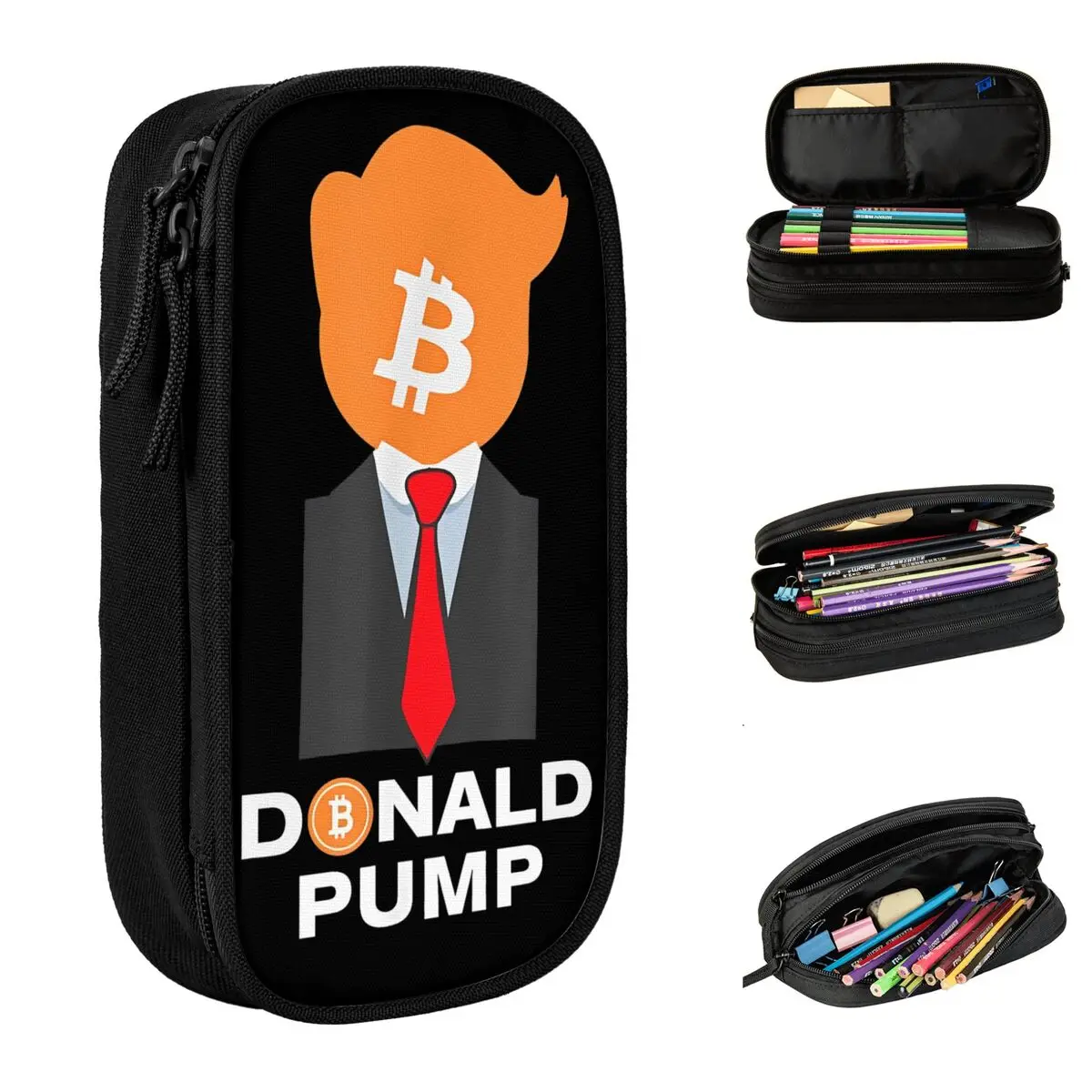 Donald Pump Bitcoin Trump Pencil Case Pencilcases Pen Holder for Girl Boy Big Capacity Bags School Supplies Zipper Stationery