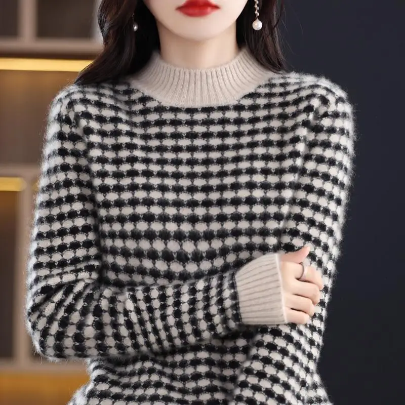 Fashionable Half High Collar Plaid Sweater Women's Loose Thick Autumn and Winter Casual Long Sleeved Pullover Knited Bottom Tops