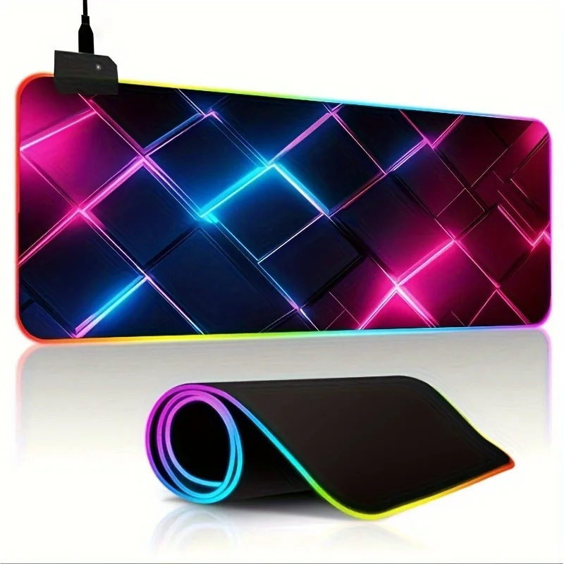 Neon Grid Print RGB Large Mouse Pad, Smooth Rubber LED Desk Mat, Extra Large Gaming Mouse Mat with Multiple Light Modes