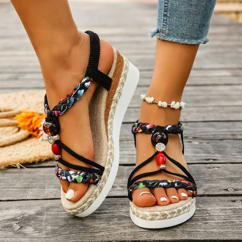 Modische T-Riemen-Plateau-Sandalen für Damen, neue Mischfarben, elastisches Band, Keilsandalen, Damen-Sommer-Sandalen mit offenem Zehenbereich, Sandalias für Frauen – Detail 6