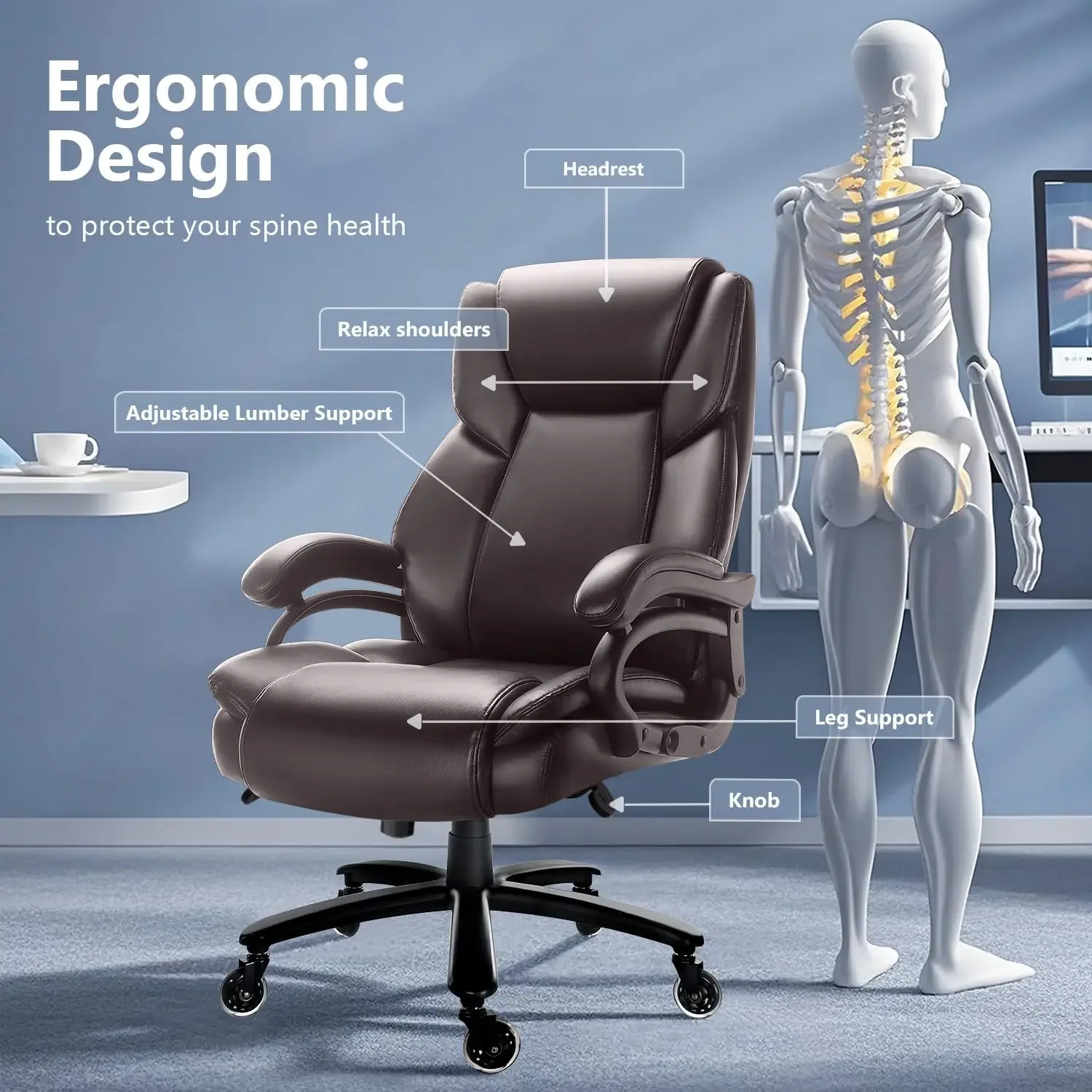 [سعر مخفض! ] كرسي مكتب كبير وطويل بوزن 500 رطل، كرسي شديد التحمل للأشخاص الثقيلين، دعم قطني مريح قابل للتعديل Exec