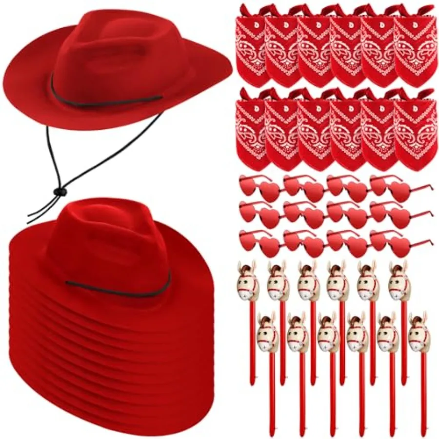 

48 Pcs Cowboy Party Favor with Cowboy Hats Inflatable Stick Horses Bandanas Heart Glasses for Kid Costume
