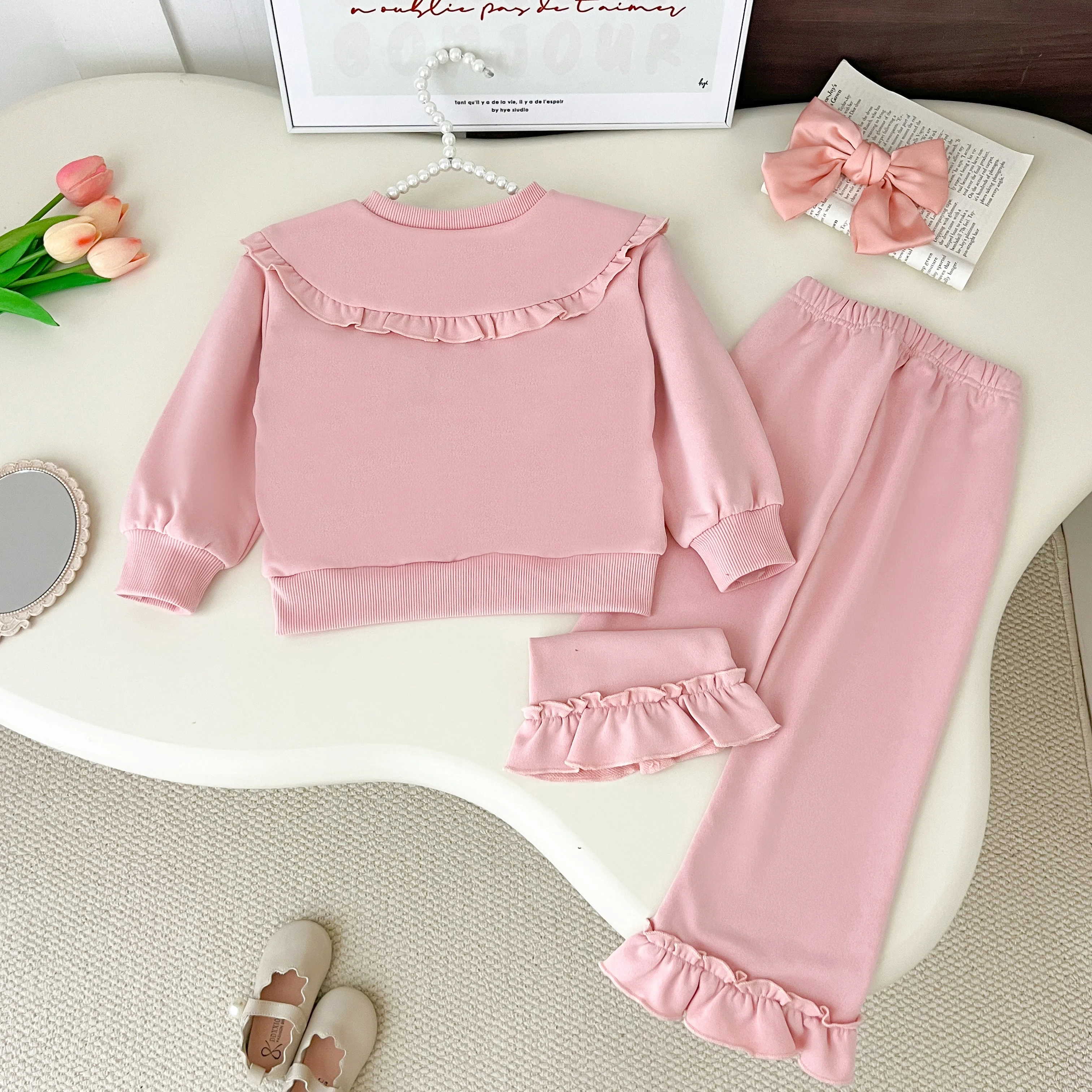 Herbst-Kinderkleidung 2-Teiliges Set Mädchen-Oberteil mit Kragen Spitzen-Weitbein-Hose Lässiges Boutique-Set – Detail 3